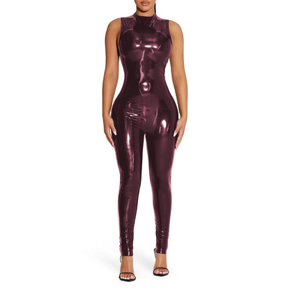 PVC Sleeveless Jumpsuit for Ladies, Wet Look, Shiny Patent Leather, O-Neck Bodycon, Tank Catsuit, Stretch Slim Rompers, Sexy