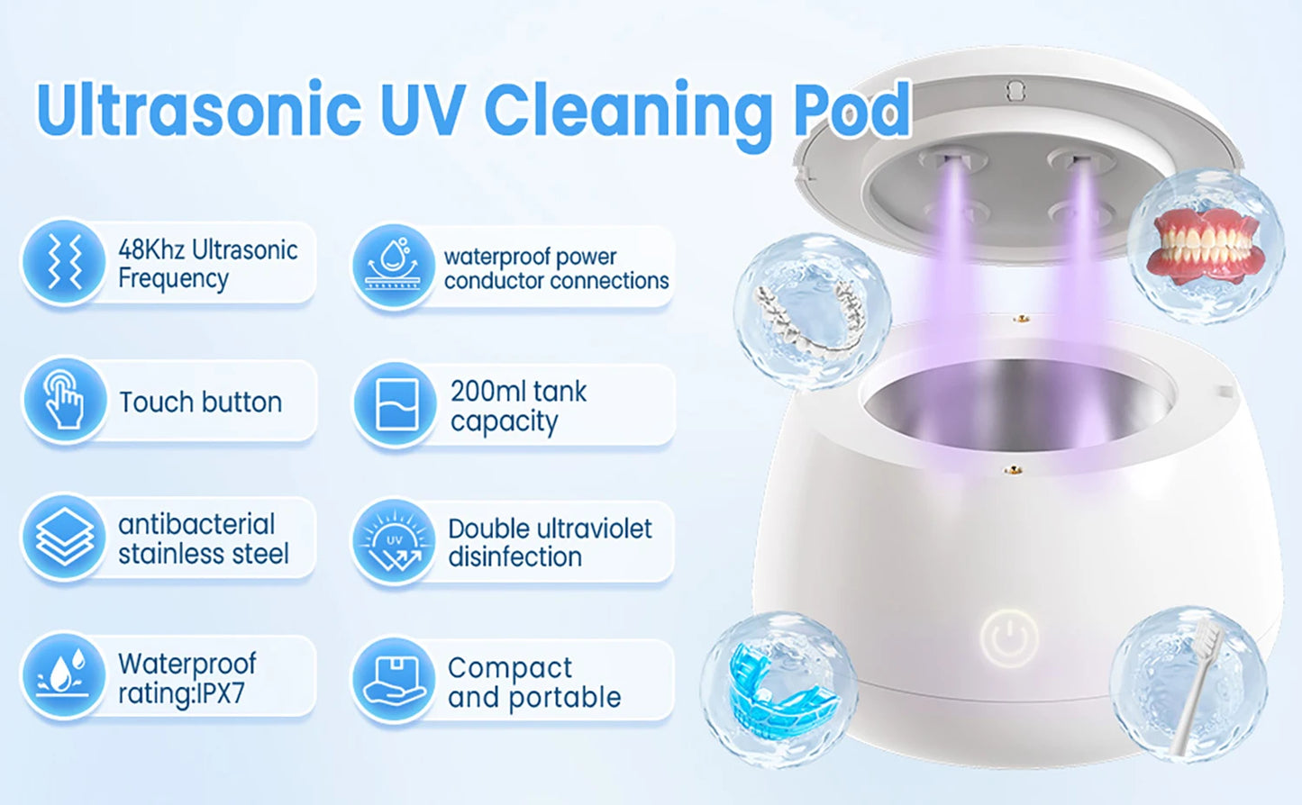 KUNPHY UV Light Ultrasonic Retainer Cleaner 200ML Denture Cleaner for Aligner Night Guard Braces Toothbrush Dental Appliances