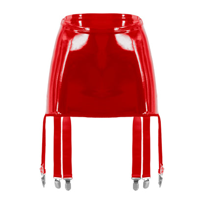 Women's Garter Straps Pencil Skirts Patent Leather Wet Look Garter Belt Short Mini Skirts with Buckle Clips Sexy Clubwear Party