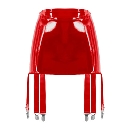 Women's Garter Straps Pencil Skirts Patent Leather Wet Look Garter Belt Short Mini Skirts with Buckle Clips Sexy Clubwear Party