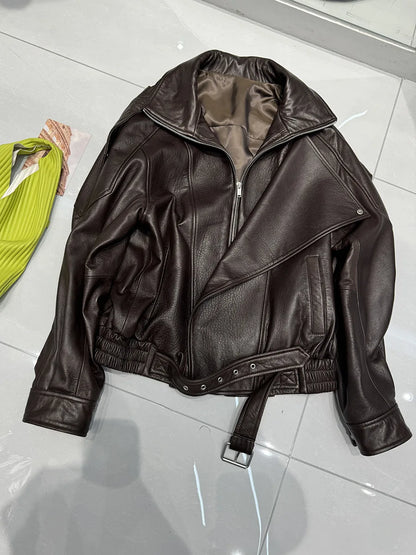 New Outerwear Leather Jacket Women American Retro Top Sheepskin Bubble Leather Double Lapel Loose Profile Coffee Locomotive Coat