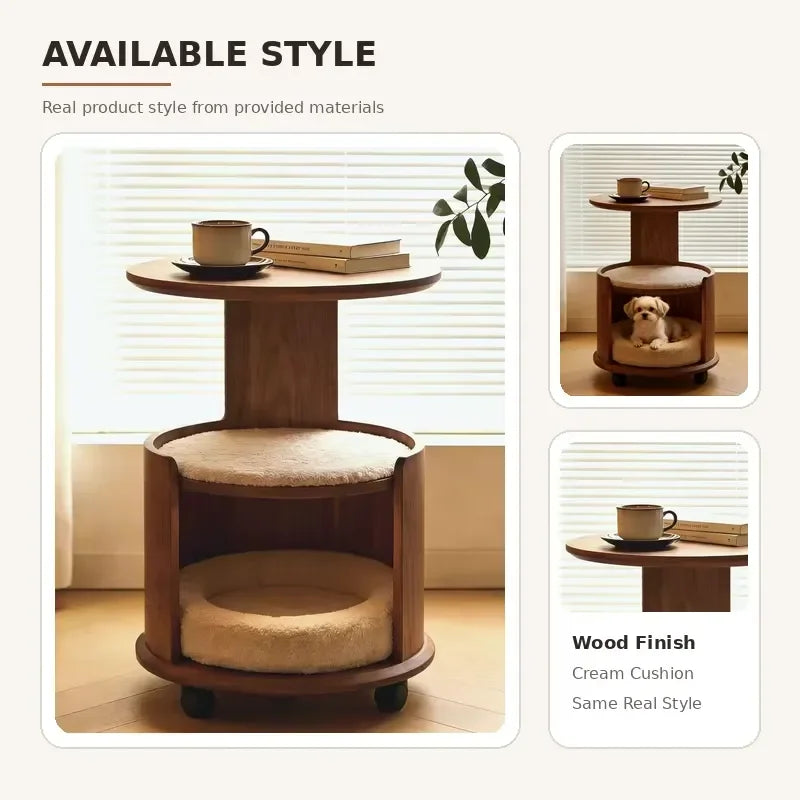 Wooden Pet Side Table Bed Combo with Removable Plush Cushion Smooth Rolling Casters for Cats Small Dogs Home Furniture