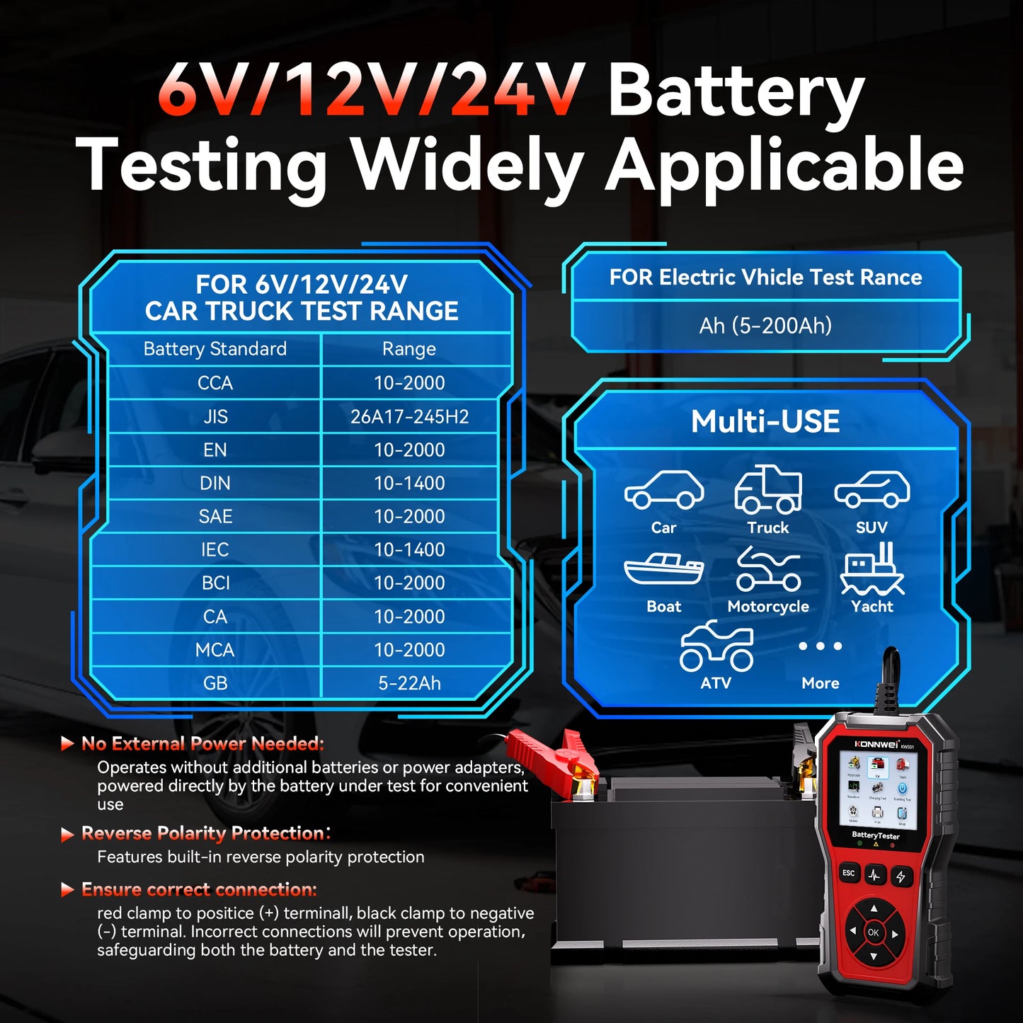 2025 KONNWEi Car Battery Tester Fault Code Clearance Battery Information Monitoring Startup Test Car Battery Charging Scan Tool