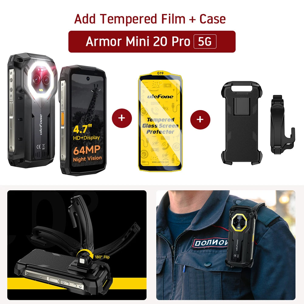 Ulefone 4.7" Rugged Phone Armor Mini 20 Pro 5G Android 14 16+256GB Smartphone LED Light 64MP Night Camera Mobile Phone