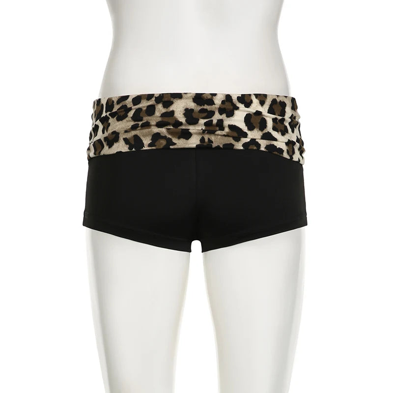 SUCHCUTE Leopard Print Patchwork Skinny Shorts Y2K Aesthetic 2000s Elastic Waist Bottoms Women Fashion Grunge Fairycore Clothes