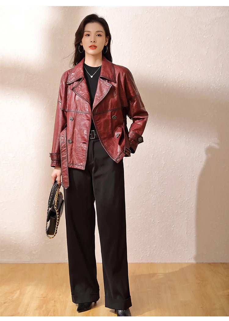 Roupas Femininas Autumn Women Suit Collar Lace-up Waist Oil Wax Sheepskin Gabardina Mujer Vintage Red Short Leather Trench Coat