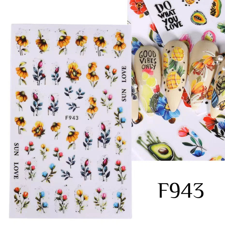 Black and White Love Flowers Line Art 3D Stickers Nail Decals Nail Art Accessories Butterfly Rose Nail Stickers Nail Sliders
