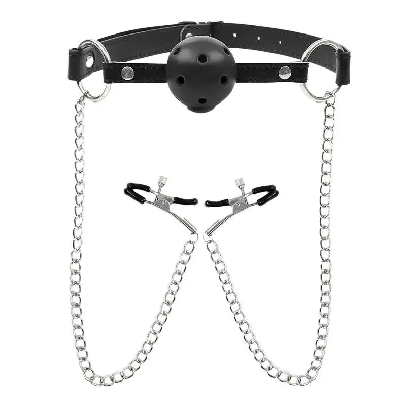 Erotic Toy PU Leather Mouth Gag Ball Oral Sex With Chain Clip Breast Nipple Clamps Bondage Harness Sex Toys Adult Games