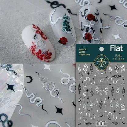 5D Gold Stamped Silver Sun Stars Snake Nail Art Stickers Totems Reliefs Self Adhesive Dark Chinese Style Manicure Decals