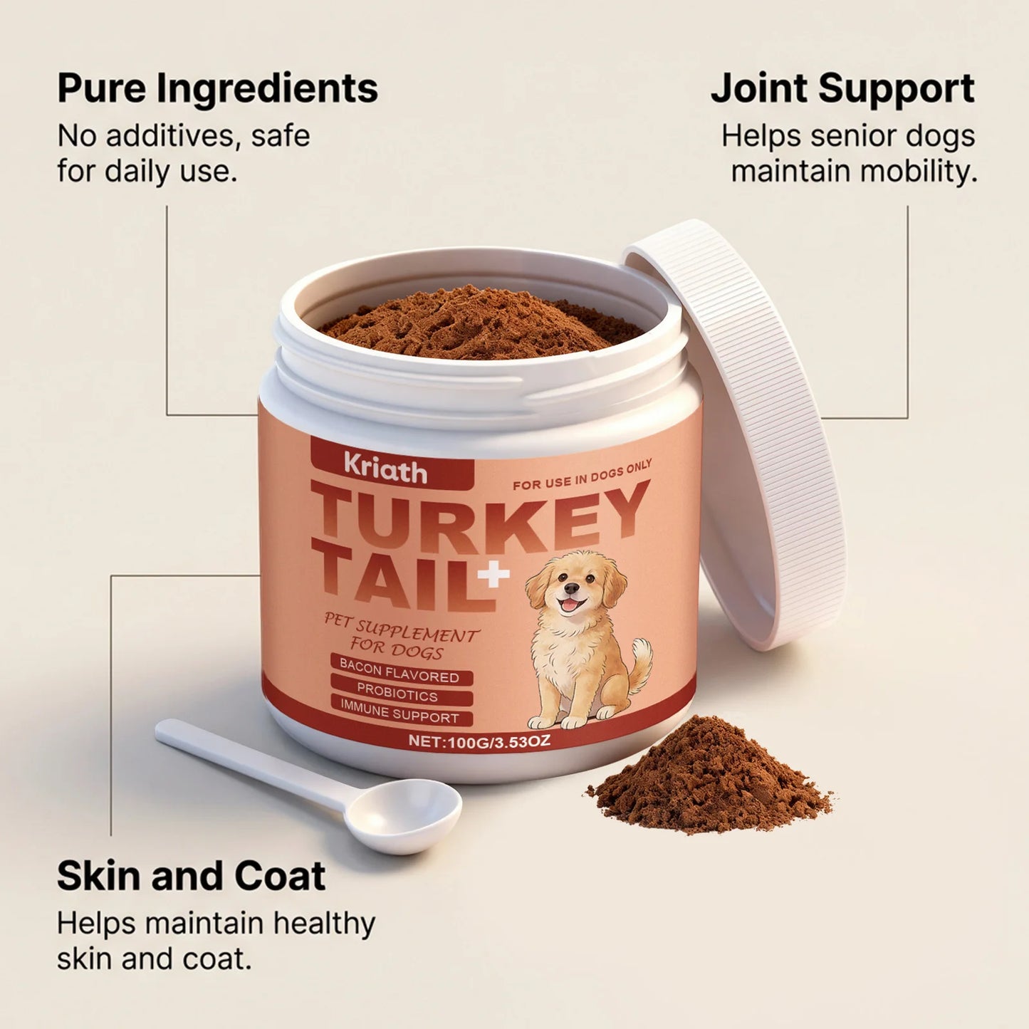 Turkey Tail Mushroom Powder for Dogs, Bacon Flavor Pet Immune Support Joint Hip Gut Health Supplement, Skin Coat Care Powder