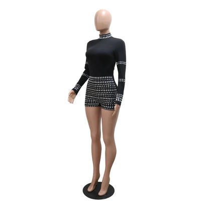 Leosoxs Women Diamonds Hot Rhinestones Long Sleeve Short Jumpsuits 2024 Summer Sexy Party Club One Piece Suit Rompers Playsuits