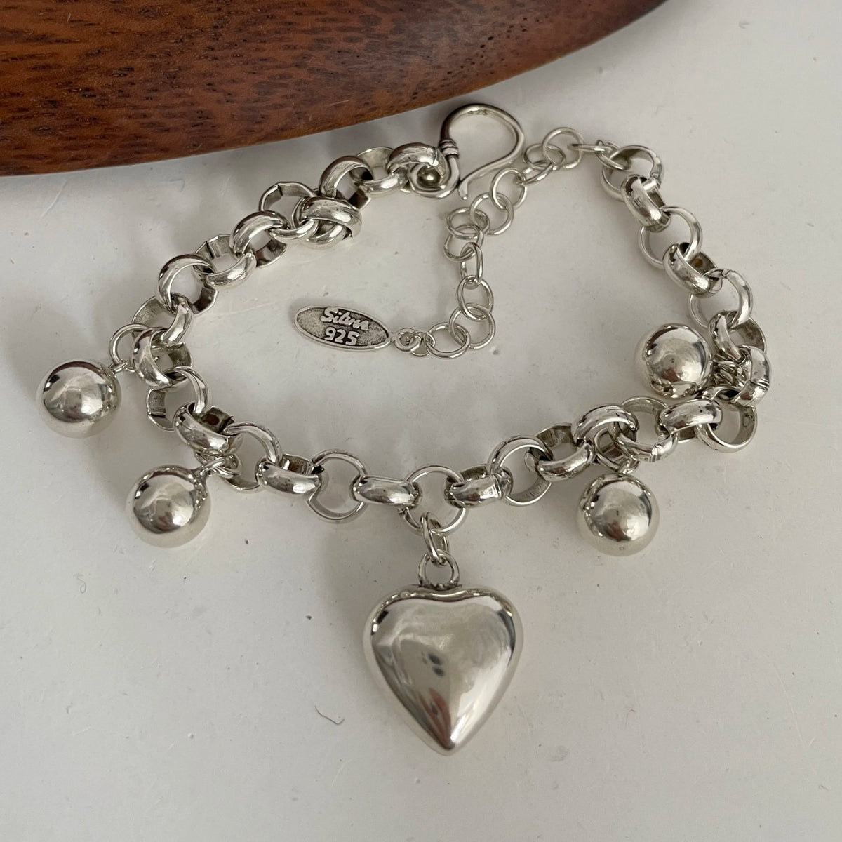 100% Solid 925 Sterling Silver Metal Bracelet for Women Vintage Handmade Simple Retro Heart Chain Bracelet Birthday Gift Party