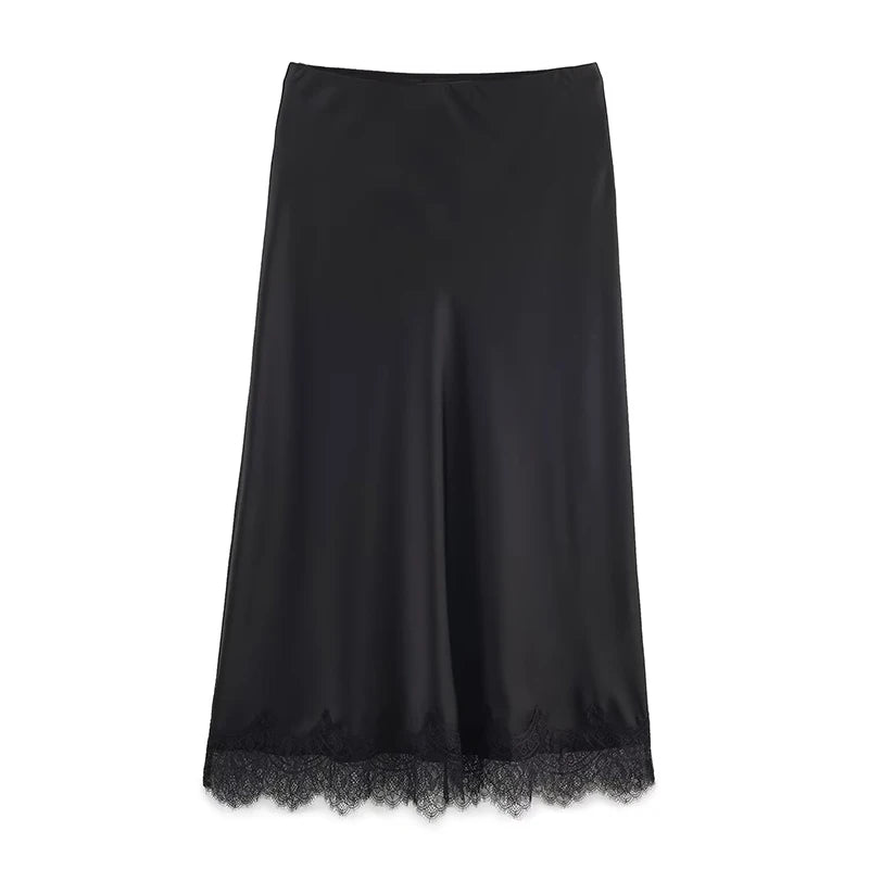Willshela Women Fashion Solid Lace Side Hem Pleated A-Line Midi Skirt Vintage High Elastic Waist Female Chic Lady Skirts
