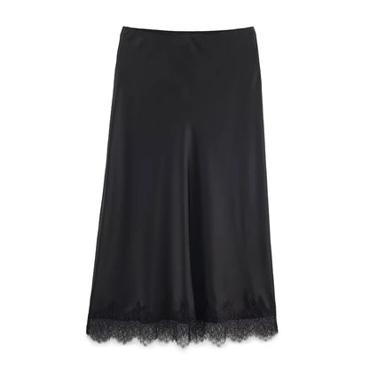 Willshela Women Fashion Solid Lace Side Hem Pleated A-Line Midi Skirt Vintage High Elastic Waist Female Chic Lady Skirts