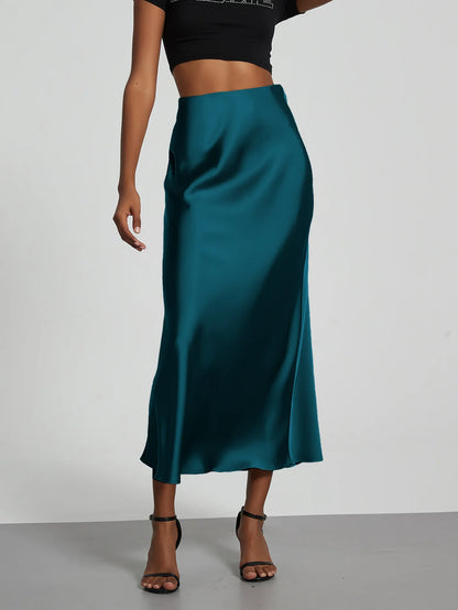 21 Colors New 2026 Women's Elegant High Waist Satin Long Skirts Female Summer Solid Color Faldas