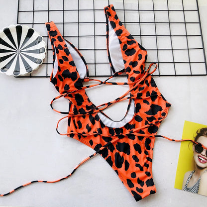 Orangered Leopard Bikini Hollow Out Bandage Y2K Swimsuit Backless High Leg Cut Swimwear Women Beach Outfit Bathing Suit Bodysuit