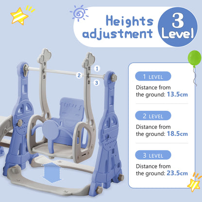 Kids 4-in-1 Slide and Swing Set, Toddler Playground with Basketball Hoop and Climbing Ladder, Indoor Outdoor Activity Center, HDPE Plastic Playset with Adjustable Swing Height, Anti-Slip Steps and Stable Base for Toddlers