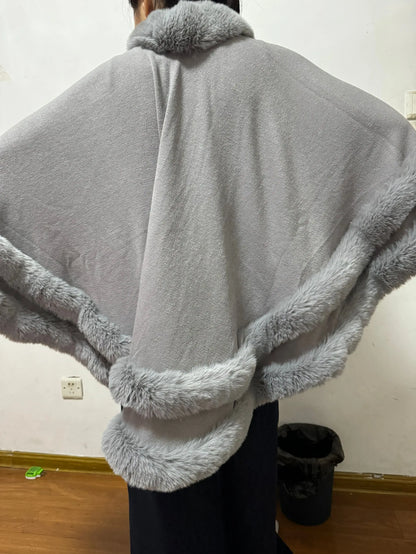 2024 Women 2 Circle Wraps Long Faux Rabbit Fur Cape Poncho Winter Loose Thick Warm Shawl Outerwear Knitted Cloak Overcoat