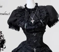 Gothic Dark Black Vintage Lace Blouse Retro Punk Light Lolita Short Sleeves Lace-up Slim Top and Multi Layers Skirt Set 2pcs Set