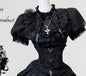 Gothic Dark Black Vintage Lace Blouse Retro Punk Light Lolita Short Sleeves Lace-up Slim Top and Multi Layers Skirt Set 2pcs Set