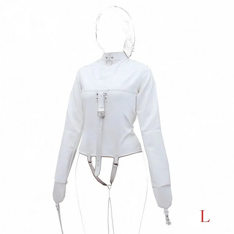 Leather SM Lingerie Straitjacket with Crotch Strap,Games Bondage Straight Jacket Harness,Slave Role Gimp Costumes BDSM Sextoys