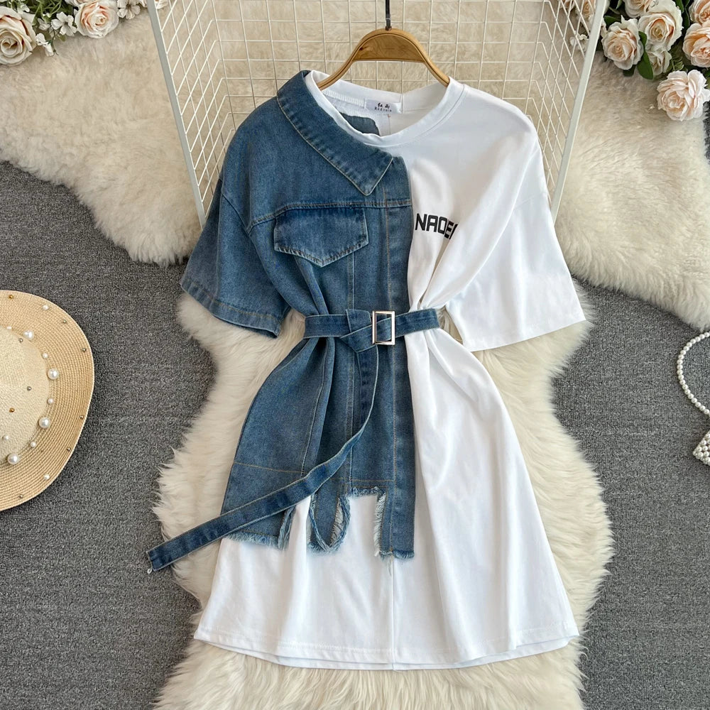 Retro Hong Kong Sle Chic Casual Mid-Length round Ne Patchwork Color Denim irt with Belt Spring New Women's Faion Top