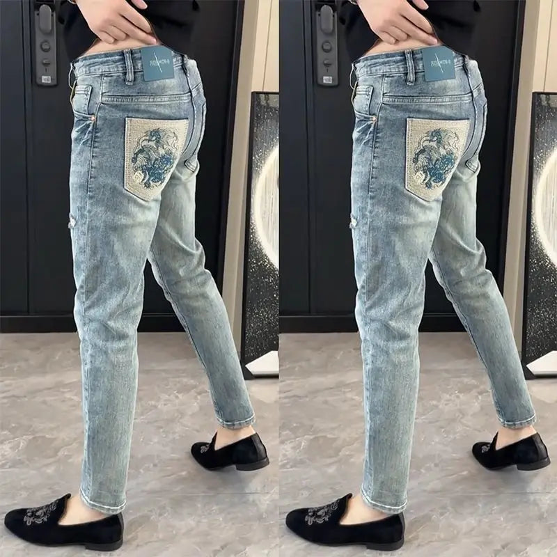 Summer New Slim-fit Men's Jeans Thin Brand Embroidery 2025 Designer Korean Style Clothes Casual Pants Luxury Fashion Pants