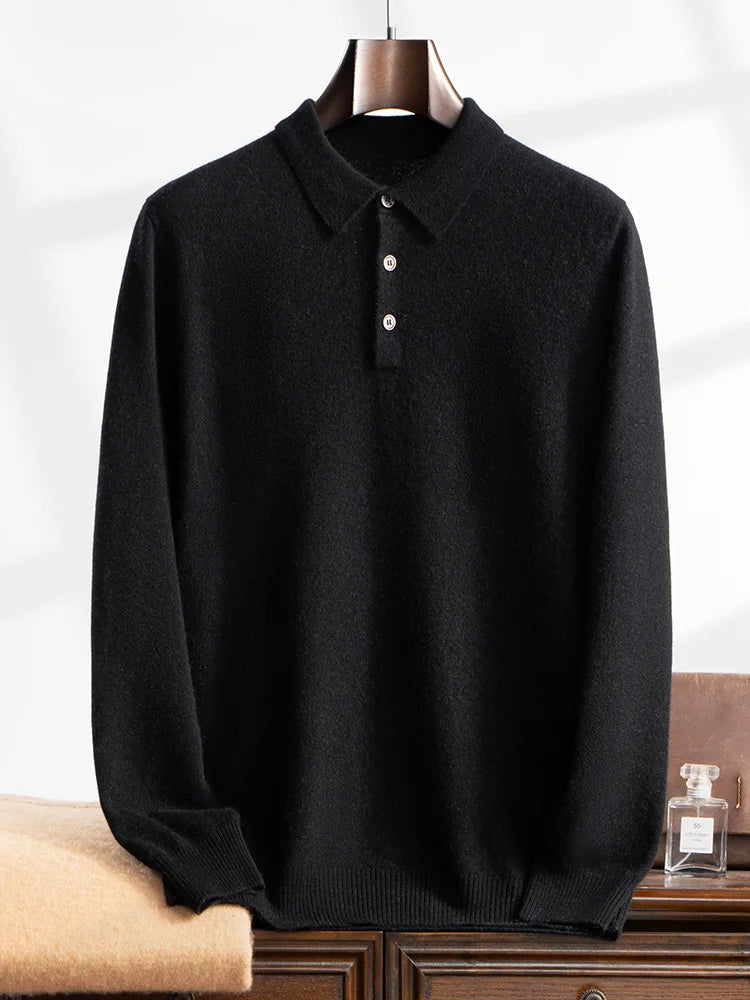 ANGEL 2024 Men's New POLO Shirt 100% Cashmere Knitted Pullover Solid Color Sweater Fall Winter Casual Business Office Jacket