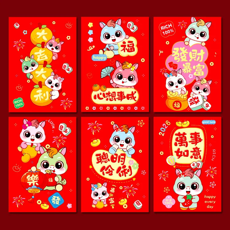6Pcs 2026 Year Horse Zodiac Red Cash Envelopes, Chinese New Year Red Packets, Lucky Money Gift Bag