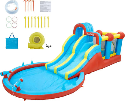 Garvee Kids Bouncy Castle with Water Slide, Large Inflatable with Blower, Jumping Area, Water Gun, Splash Pool, Outdoor Slide, Children’s Play Bouncer for Indoor or Outdoor Garden Games, Backyard Toy