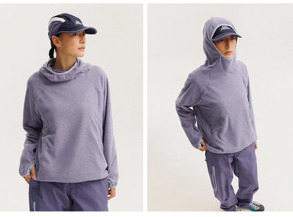 Unisex Lightweight Cloud Velvet Hooded Quick-Dry Shirt for Outdoor Sports: Classic Hood, Elastic Cuffs & Brand Logo Details