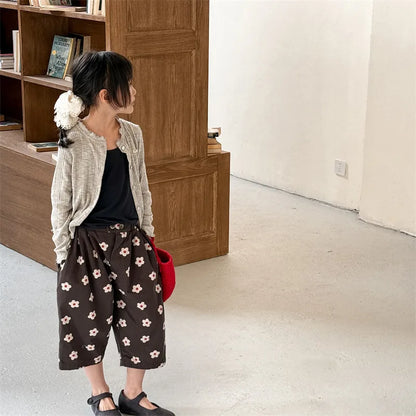 Spring/Summer Calf Length Pants for Girls Floral Print Anti-mosquito Breeches Korean Kid's Loose 7 Point Pants Childrens Clothes
