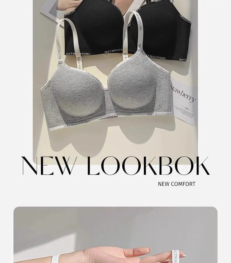 6cm Thickened Push-Up Bra for Small Chest Wireless No Steel Ring Letter Print Adjustable Straps Anti-Slip Pads Seamless Lingerie
