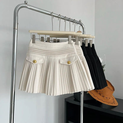 New Fashion Korean Elegant Pleated Mini Skirts Women Vintage Buttons Woolen Solid A-line High Waist Short Skirt Autumn Spring 