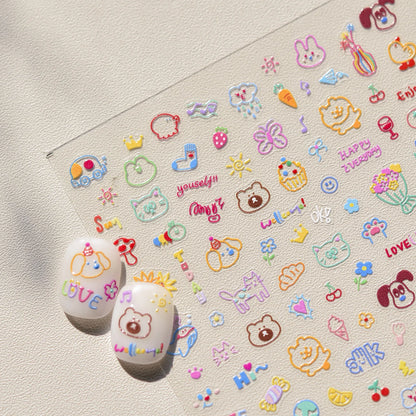 Lovely Animal Graffiti Cat Claw Rabbit Bunny Bear Dog Flower Fruit Dim Sum Candy Sunflower Adhesive 5D Nail Art Stickers Decal