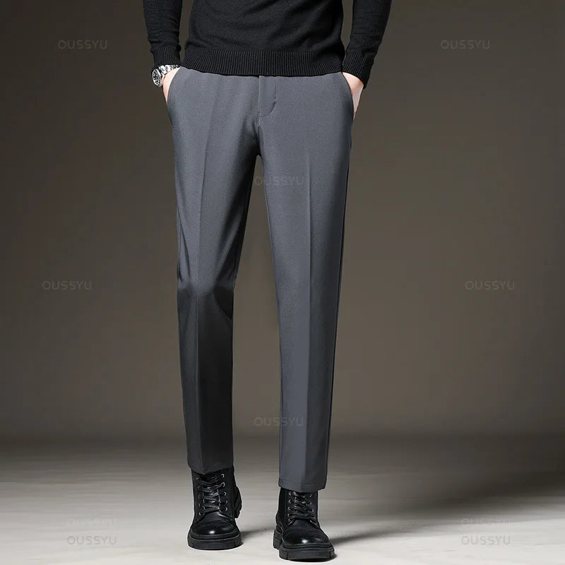 Autumn Winter Men‘s Suit Pants Slim Business Office Elastic Waist Black Grey Classic Pant Korean Trousers Male Plus Size 28-38