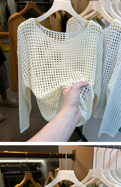2025 Mesh Vintage Harajuku Long Sleeve Women Sweater Korean Spring Summer Knitwear Soft Thin Tops Chic Solid Femme Sweater