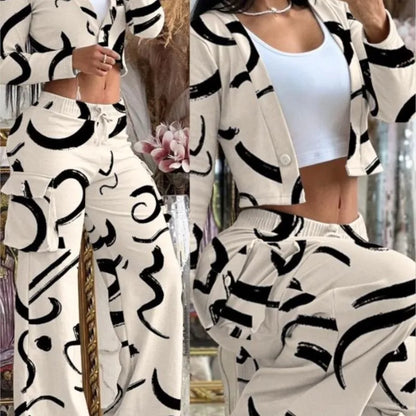 Autumn Fashionable And Elegant Solid Color Women's Suit Long-sleeved V-neck Short Coat Pocket Wide-leg Drawstring Trousers Suit