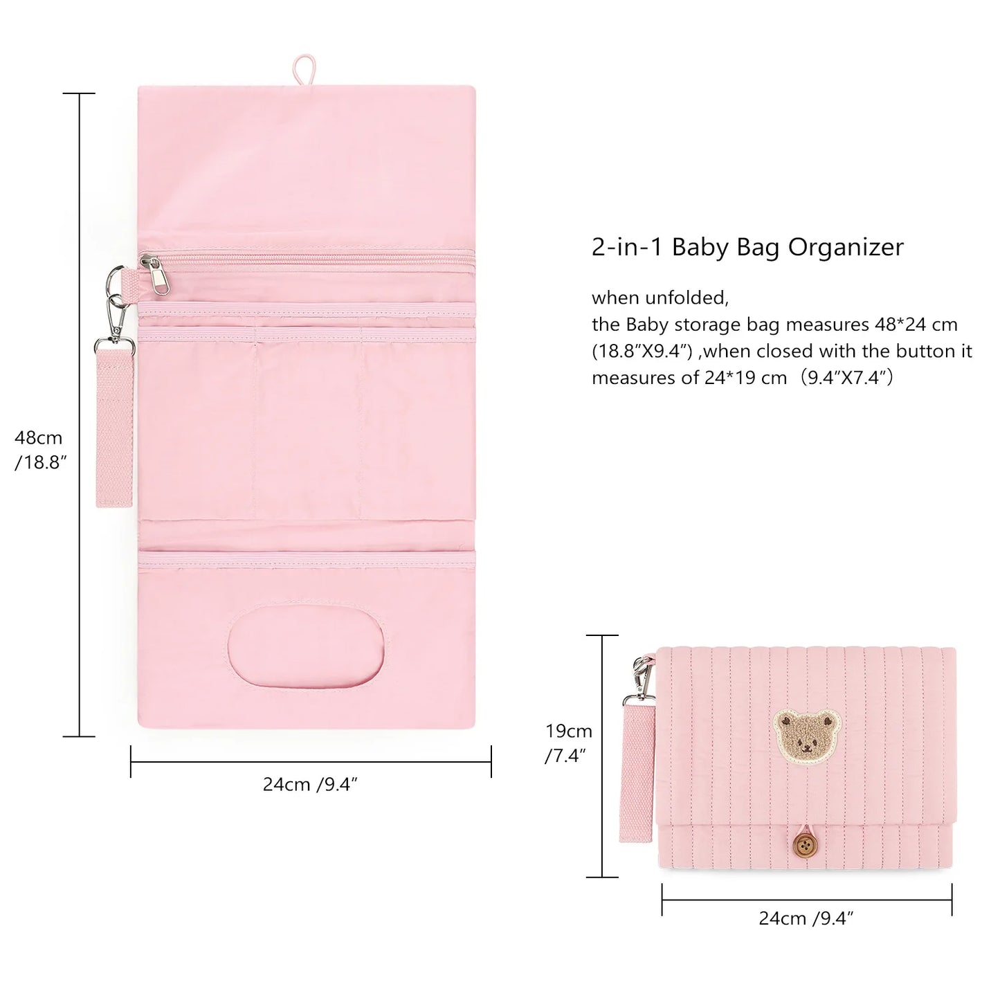 Foldable Hanging Diaper Organizer Bag - Multi-Compartment Essentials Storage Pouch with Wipe Holder & Diaper Pocket