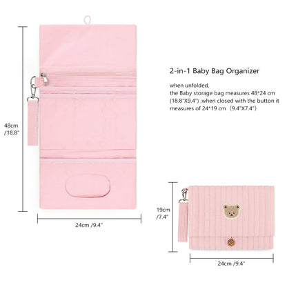 Foldable Hanging Diaper Organizer Bag - Multi-Compartment Essentials Storage Pouch with Wipe Holder & Diaper Pocket