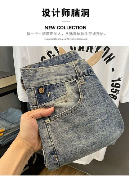 Summer Trendy Brand Handsome Denim Shorts Men's Washed Embroidered Patch Trendy Short Pants Ripped Slim-fit Elastic Middle Pants