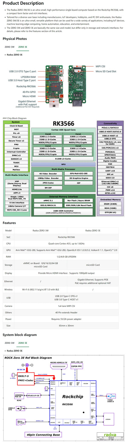 Radxa ZERO 3E Development Board RK3566 4-core CPU , GPU, NPU, HDMI with 1080P Output,  Gigabit Ethernet Kit Optional