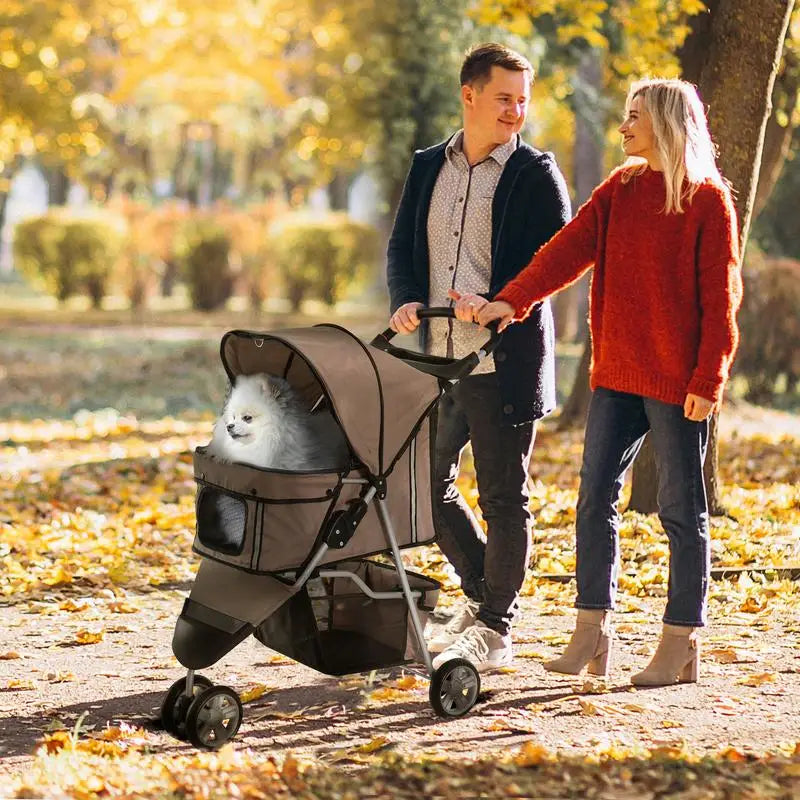 Coffee Foldable Dog and Cat Stroller Buggy, Suitable for Small Pets Weighing up to 10kg, Pet Travel Carrier Stroller with Comfort Cushion, Breathable Mesh Windows, Cup Holder and Extra Storage Bag for Daily Outdoor Use