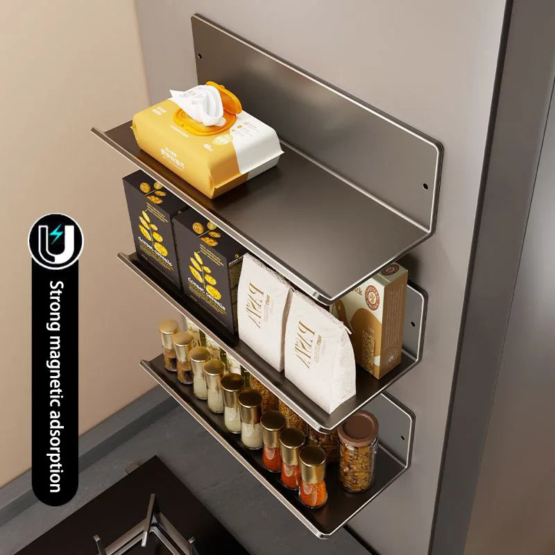 Magnetic Kitchen Refrigerator Storage Rack Without Punching Wall-mounted Condiments Spice Shelf Household Organizer