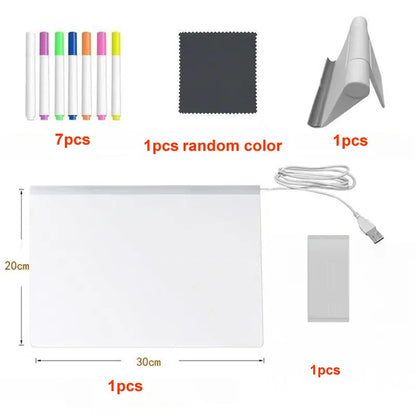 Rewritable DIY Children's Glowing Drawing Board Message Lamp With 7 Colorful Pens Light Up Acrylic Message Board