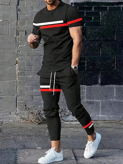 2025 Autumn Fashion Round-neck Short-sleeved Shirts And Casual Long Pants, Urban Street Loose And Casual Fashion Men's 2pcs Set