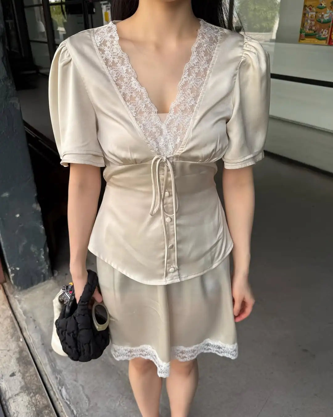 Elegant Satin Lace Patchwork Skirt Two-piece Set V Neck Short Sleeve Lace Up Tops Mini Skirts Suit 2026 New Party Daily Outfits