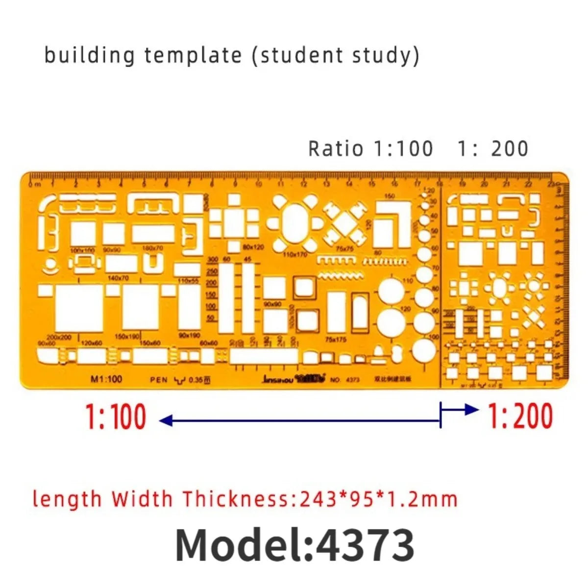 Geometric Drawing Template Set With Measuring Ruler - Yellow Transparent Plastic Tools+Bonus PE Zipper Bag - For Architecture