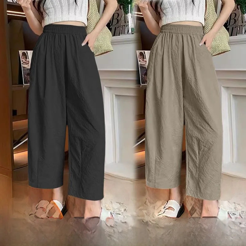andma Sle Wide Leg Pants Nine Points Harlan Loose Fit Women's Summer Casual Trousers Two Pieces Set High Waist Elastic Wa...