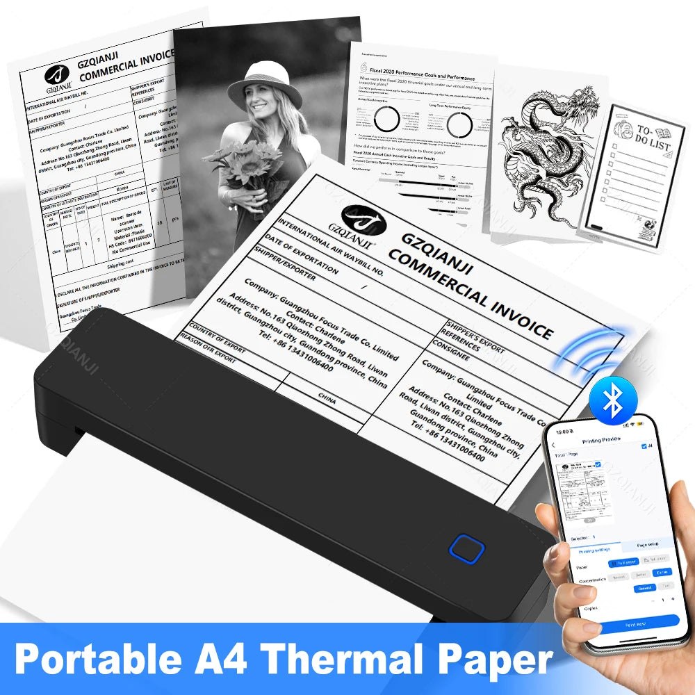 Mini Portable A4 Thermal Printer Bluetooth-compatible Photo PDF Printing Machine Folded Rolls Paper for Office Home Travel